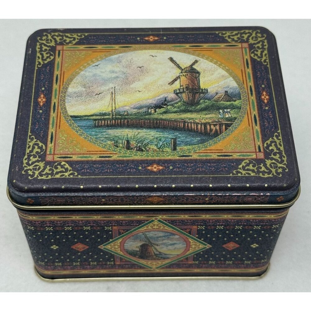 Vintage Square Tin Box Dutch Windmill Blue Gold Accents Lid Cottagecore Storage - Picture 1 of 9